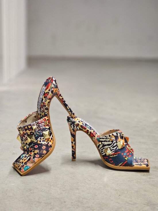 Shoes - Cape Robbin Gold Studded Multicolor Printed High Heel Mules With Open Toe Womens